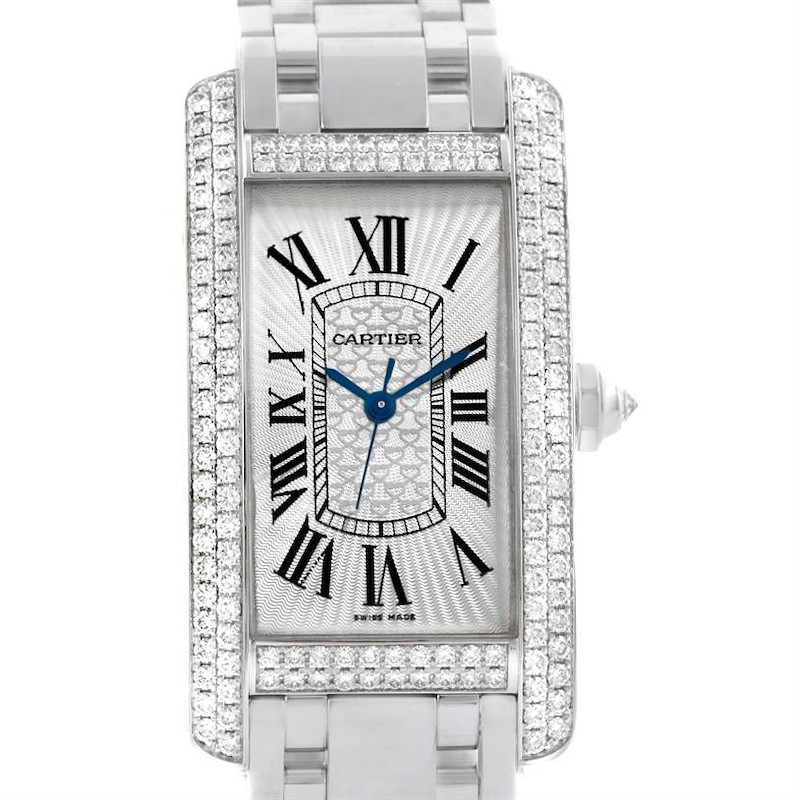 This Cartier Tank Americaine watch is shown from a front angle, displaying the face, bezel, and part of the bracelet.