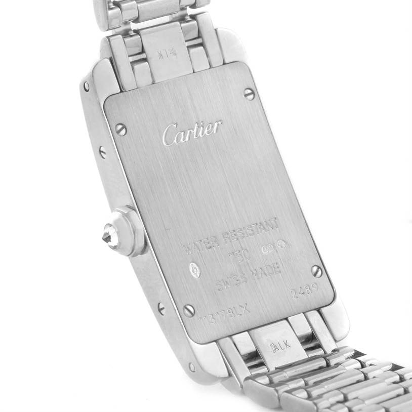 The image shows the back view of the Cartier Tank Americaine WB7073L1 Women's White Gold Silver Dial WB7073L1 Women's White Gold Silver Dial watch, including its bracelet and case back details.