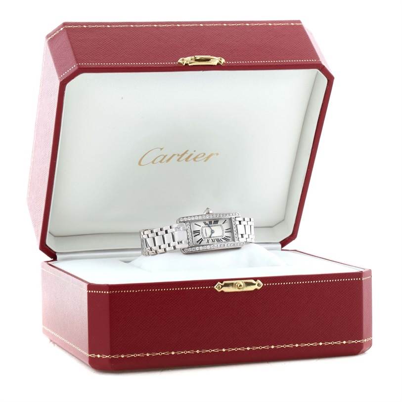 The image shows a Cartier Tank Americaine WB7073L1 Women's White Gold Silver Dial WB7073L1 Women's White Gold Silver Dial watch displayed in an open, red Cartier-branded box at a slight front angle.