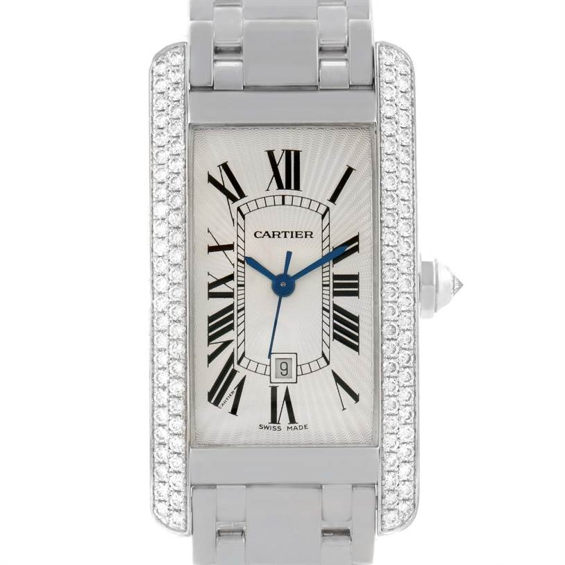 The Cartier Tank Americaine 2423 Women's White Gold Silver Dial 2423 Women's White Gold Silver Dial watch is shown from the front, displaying its rectangular face with diamond accents and Roman numeral markers.
