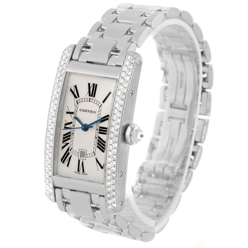 This image shows the Cartier Tank Americaine 2423 Women's White Gold Silver Dial 2423 Women's White Gold Silver Dial watch from a three-quarter angle, highlighting the bracelet, dial, and diamond-set bezel.