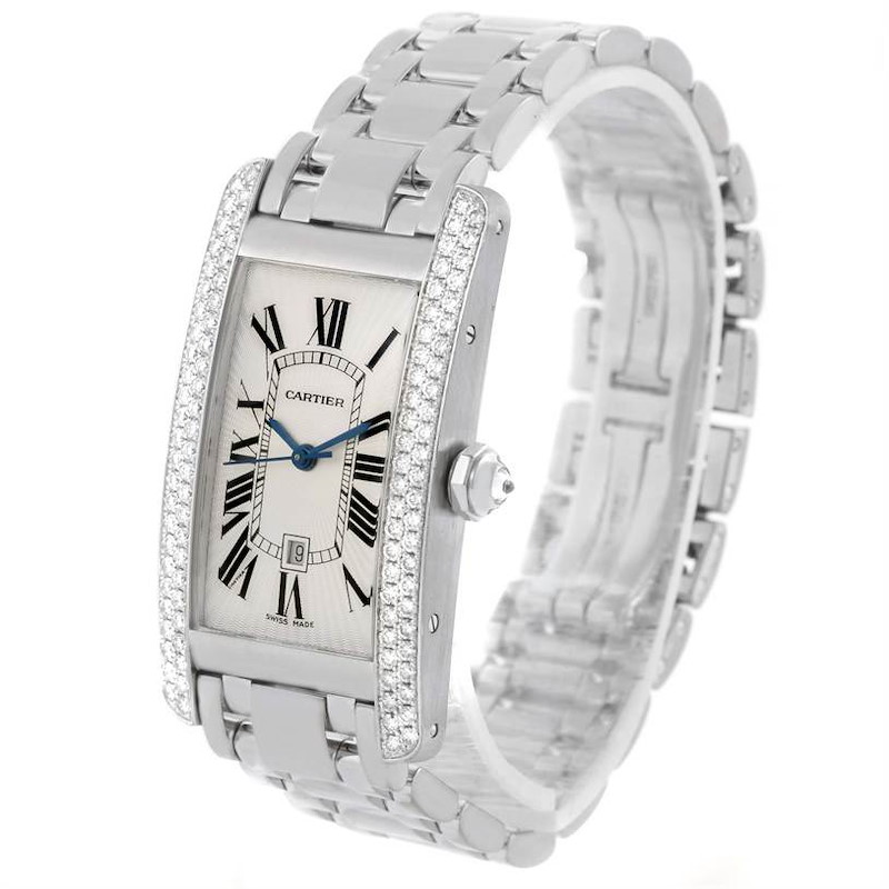 Cartier Tank Americaine Midsize 18K White Gold Diamond Watch 2490 SwissWatchExpo