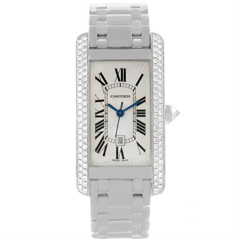 The image shows a front view of the Tank Americaine model by Cartier, displaying the face, bracelet, and diamond-studded bezel.