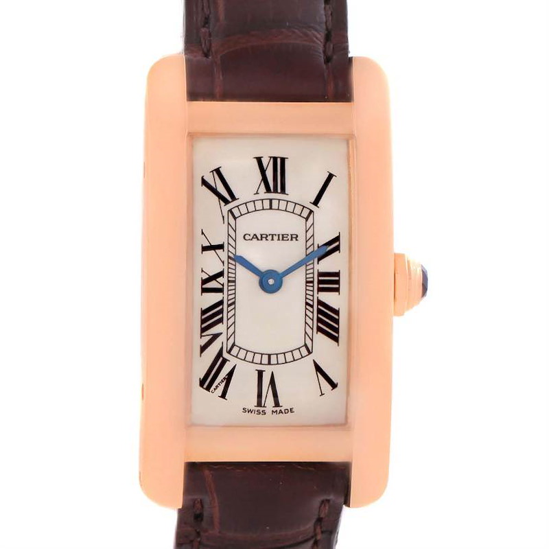 This Cartier Tank Americaine watch is shown from a front angle, highlighting its rectangular face, Roman numerals, and leather strap.