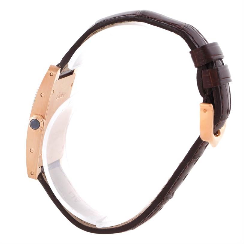 The image shows a side profile of the Tank Americaine watch by Cartier, highlighting its strap, buckle, and crown.