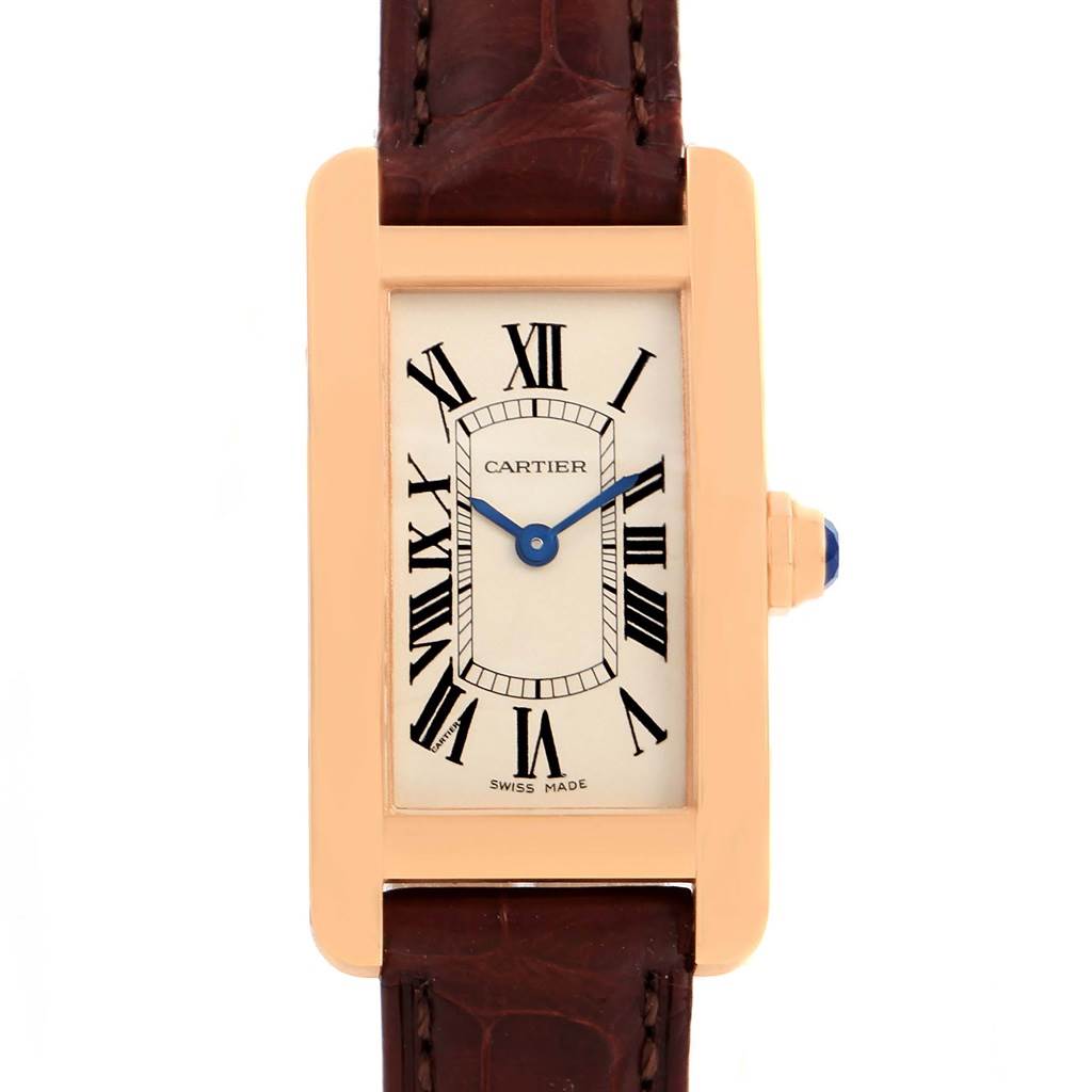 This is a front view showcasing the dial, bezel, crown, and leather strap of the Cartier Tank Americaine W2607456 Women
s Rose Gold Silver Dial W2607456 Women
s Rose Gold Silver Dial watch.