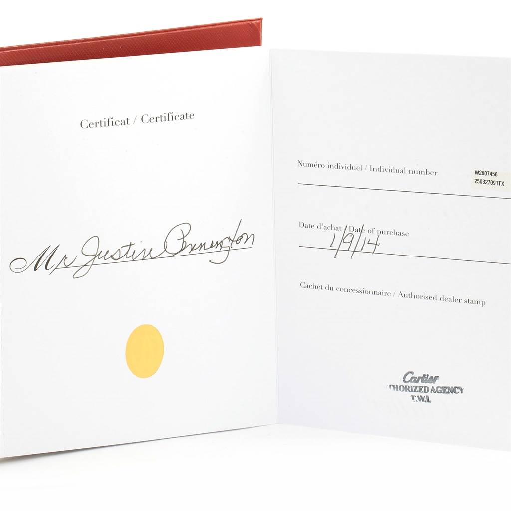 The image shows the opened certificate of Best Quality
ity for a Tank Americaine model by Cartier.