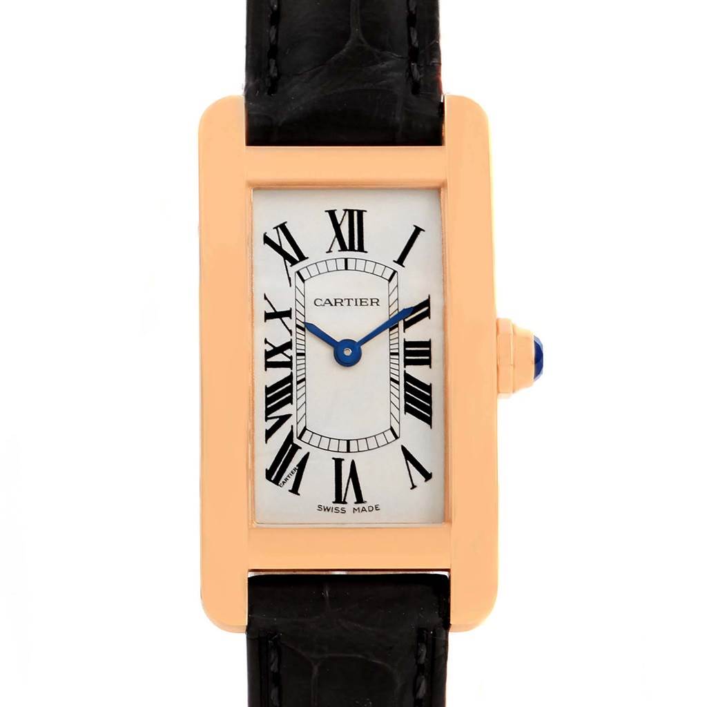 This is a front view of the Cartier Tank Americaine W2607456 Women
s Rose Gold Silver Dial W2607456 Women
s Rose Gold Silver Dial watch, showing its rectangular face, Roman numerals, and leather strap.