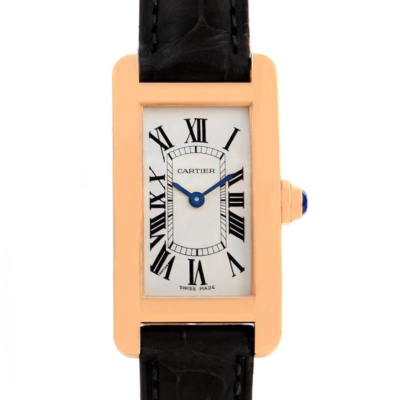 This is a front view of the Cartier Tank Americaine watch, showing its rectangular face, Roman numerals, and leather strap.