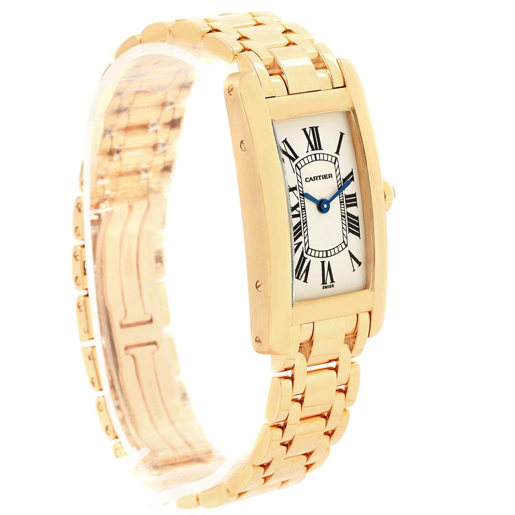 This image shows a Tank Americaine watch by Cartier, highlighting the face, strap, and side profile at a slight angle.