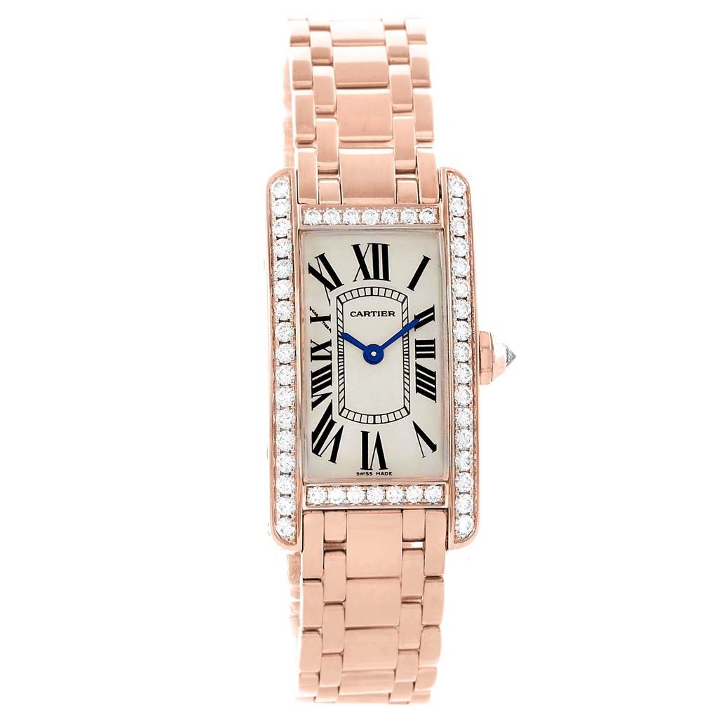 The Cartier Tank Americaine WB7079M5 Women's Rose Gold Silver Dial WB7079M5 Women's Rose Gold Silver Dial watch is shown from the front angle, highlighting its rectangular face, diamond bezel, and metal bracelet.