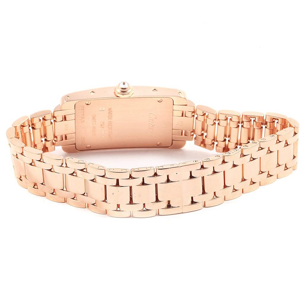 This image shows the back and bracelet of a Cartier Tank Americaine WB7079M5 Women's Rose Gold Silver Dial WB7079M5 Women's Rose Gold Silver Dial watch.
