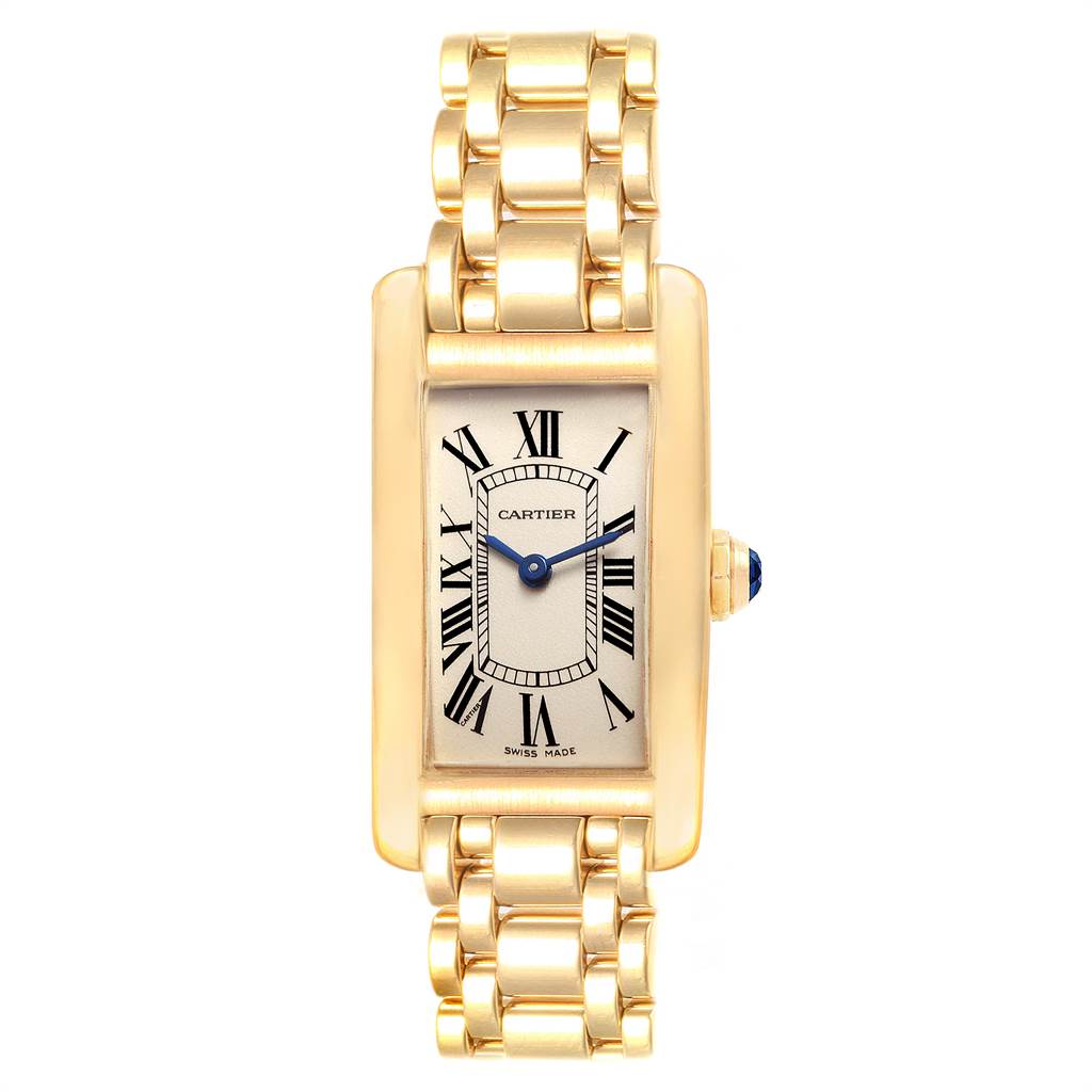 This image shows a frontal view of a Cartier Tank Americaine W26015K2 Women's Yellow Gold Silver Dial W26015K2 Women's Yellow Gold Silver Dial watch, featuring its dial, case, and bracelet.