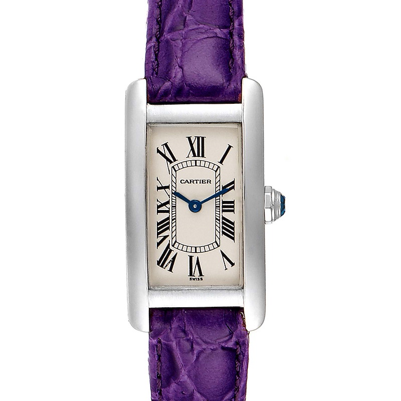 This image shows a front view of the Cartier Tank Americaine watch with a purple leather strap.