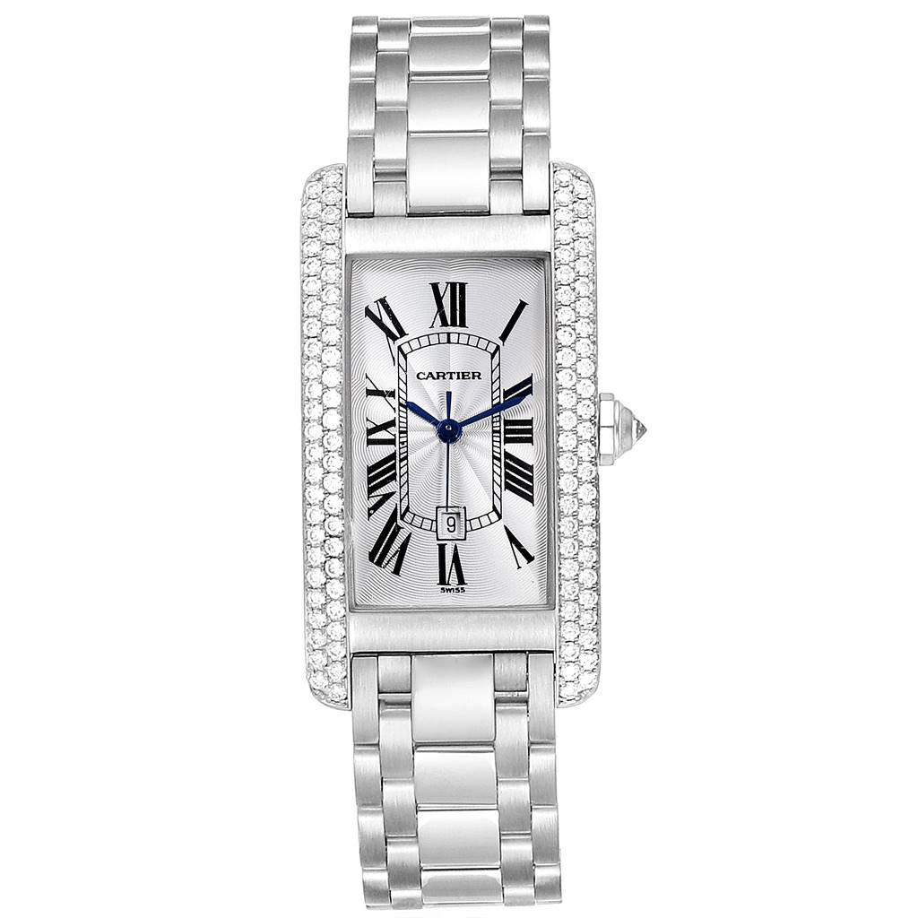 The image shows a Tank Américaine model by Cartier from a top view, displaying the entire watch face, bezel, and bracelet.