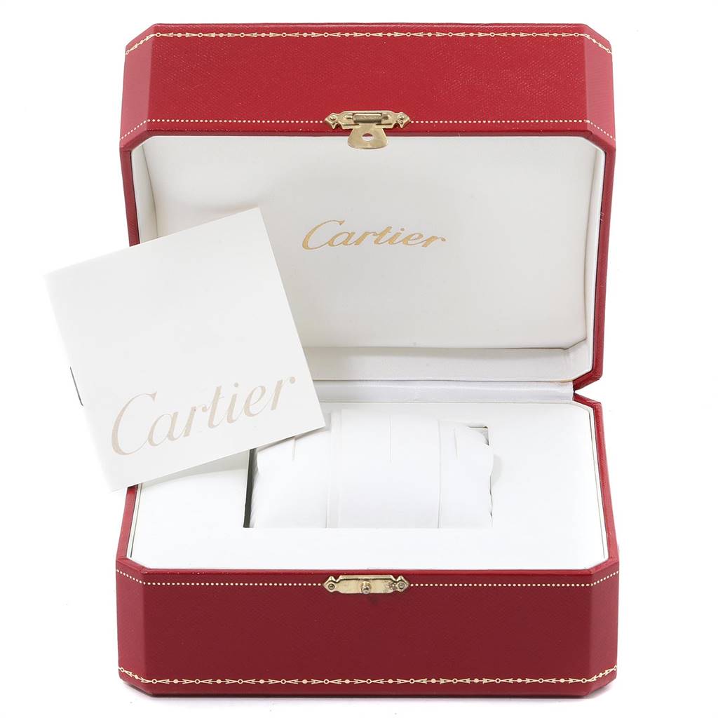 The image shows a Cartier Tank Americaine 1726 Women's White Gold Silver Dial 1726 Women's White Gold Silver Dial watch box, open, with a Cartier booklet inside.