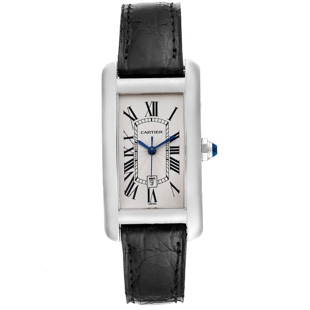 This image shows a Cartier Tank Americaine 1726 Women's White Gold Silver Dial 1726 Women's White Gold Silver Dial watch from a front view, highlighting the face, hands, and leather strap.