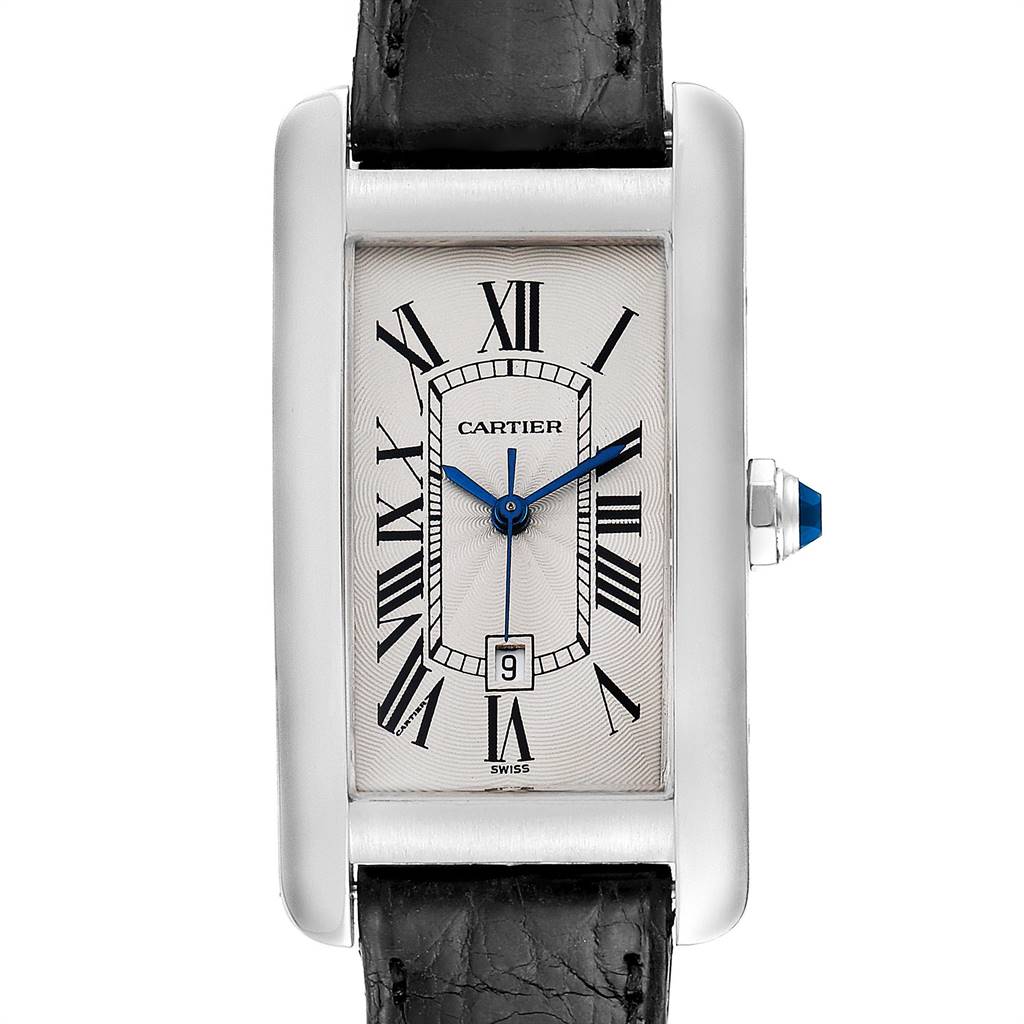 The image shows a front view of the Cartier Tank Américaine watch, highlighting its rectangular face, Roman numerals, and leather strap.
