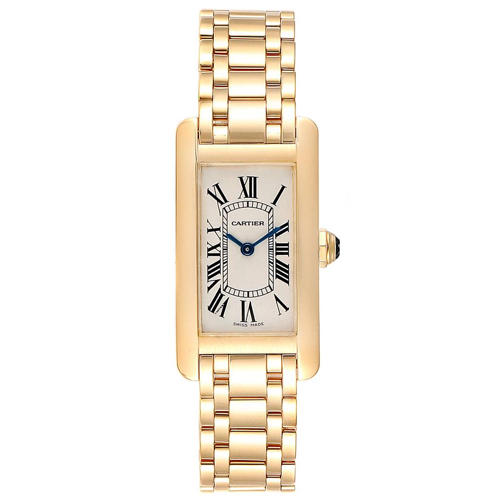 The image shows a front view of a Cartier Tank Américaine watch in gold with a bracelet band and Roman numeral markers.