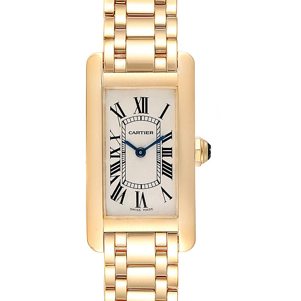 The image shows a frontal view of the Cartier Tank Americaine W26015K2 Women's Yellow Gold Silver Dial W26015K2 Women's Yellow Gold Silver Dial watch, highlighting its face, bezel, and bracelet.