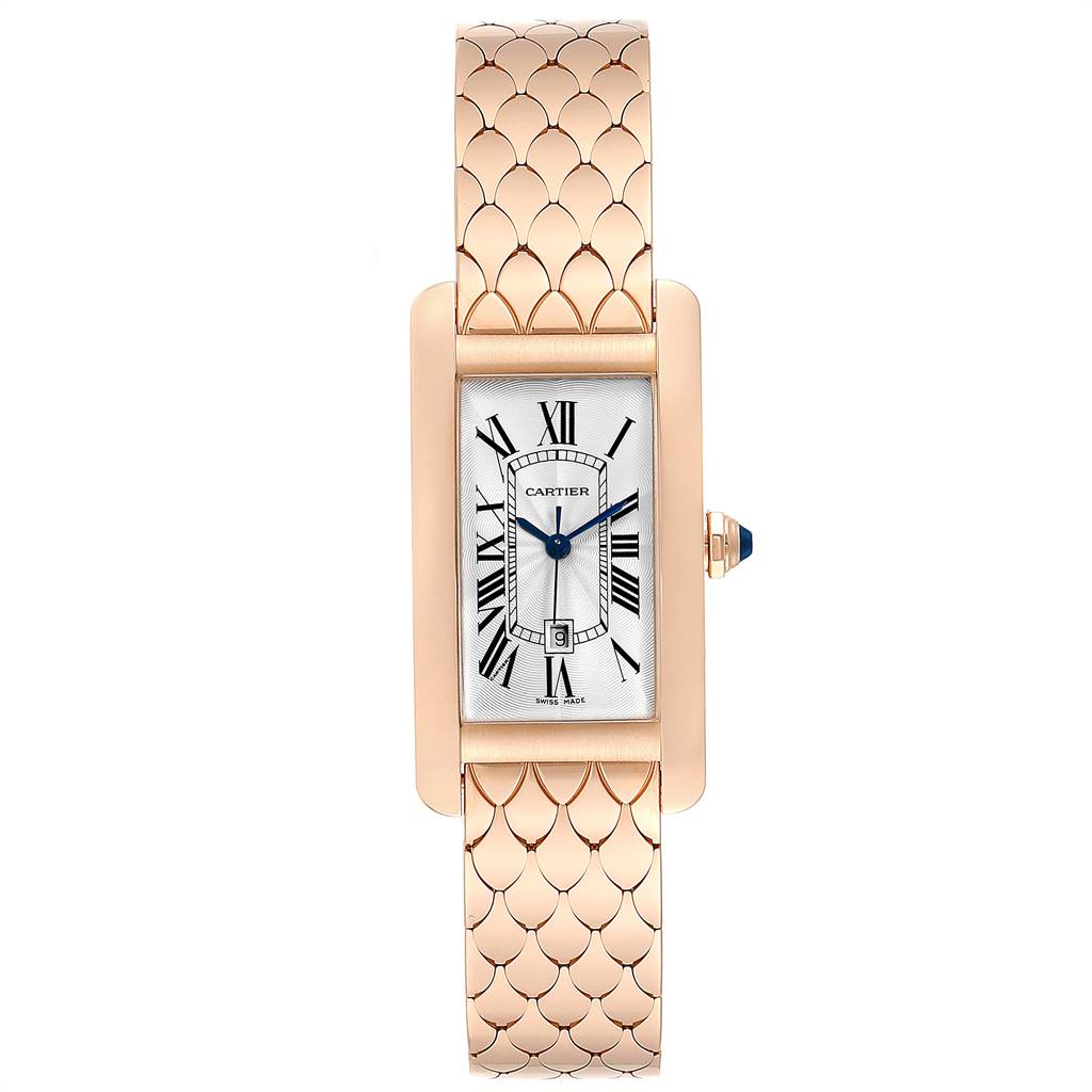 The image shows a Cartier Tank Americaine W2620032 Women's Rose Gold Silver Dial W2620032 Women's Rose Gold Silver Dial watch from a top-down angle, highlighting its face and bracelet.