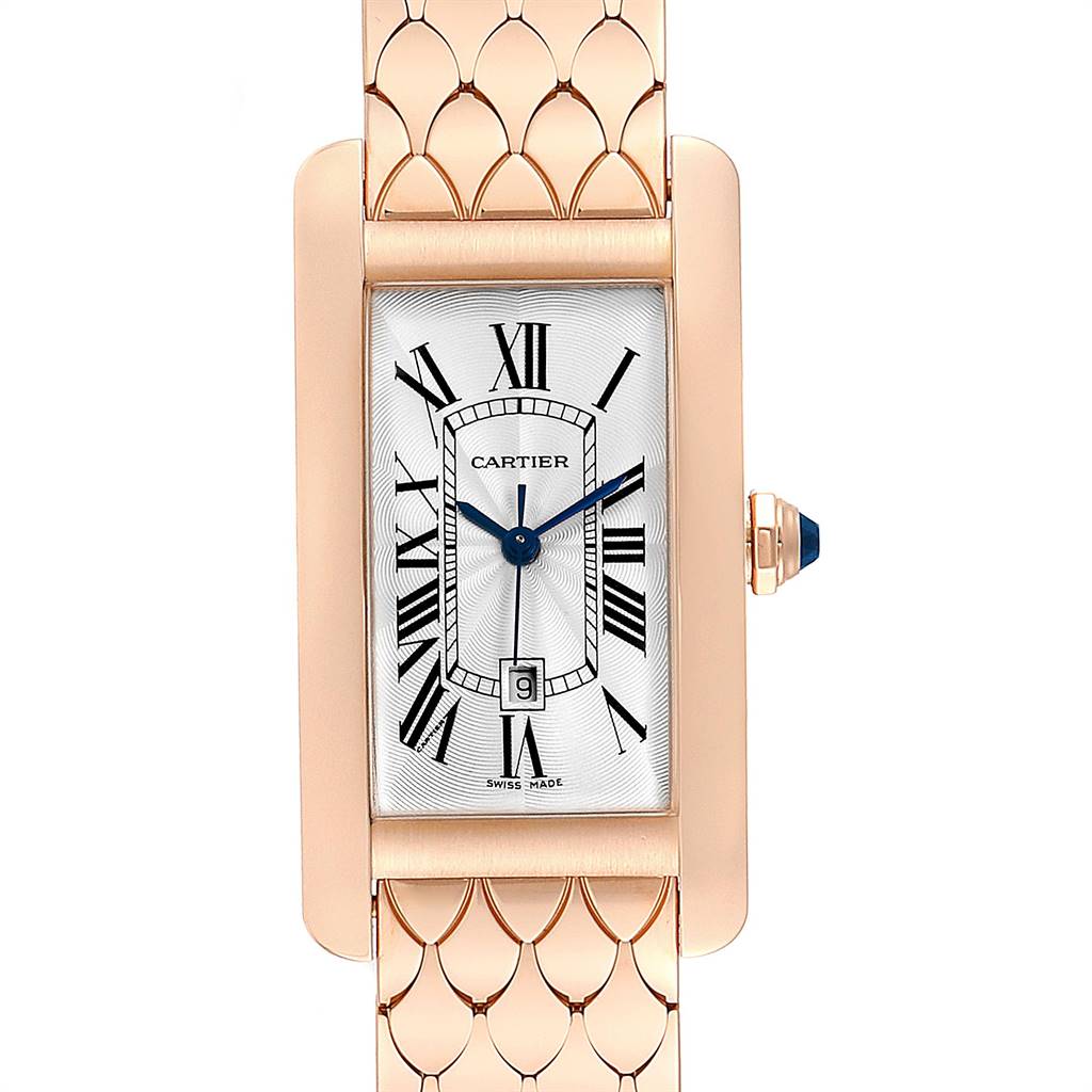 The image shows a Cartier Tank Americaine W2620032 Women's Rose Gold Silver Dial W2620032 Women's Rose Gold Silver Dial watch from a front angle, highlighting the face, blue hands, Roman numerals, and part of the band.