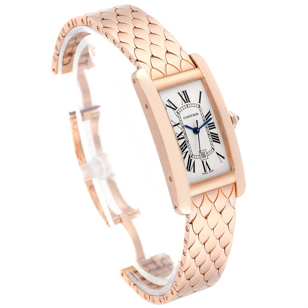 This image shows a Cartier Tank Americaine W2620032 Women's Rose Gold Silver Dial W2620032 Women's Rose Gold Silver Dial watch from a three-quarter angle, highlighting the face and part of the bracelet.