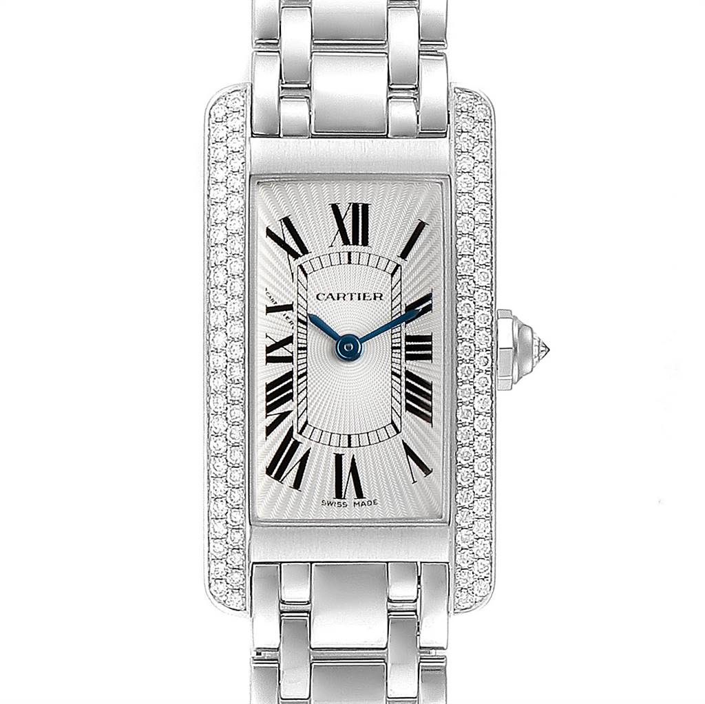 This image shows a frontal view of a Cartier Tank Americaine WB7018L1 Women's White Gold Silver Dial WB7018L1 Women's White Gold Silver Dial watch, highlighting its rectangular face, Roman numerals, and metal strap.
