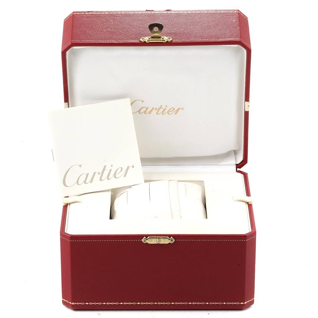 The image shows a Cartier Tank Americaine WB7018L1 Women's White Gold Silver Dial WB7018L1 Women's White Gold Silver Dial watch box with the instruction manual, viewed from the front.