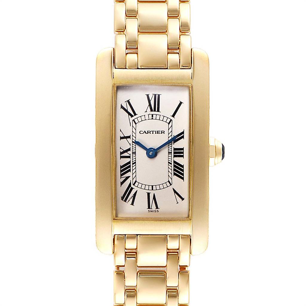 This image shows a front view of the Cartier Tank Américaine watch, highlighting its rectangular dial, Roman numerals, and gold bracelet.
