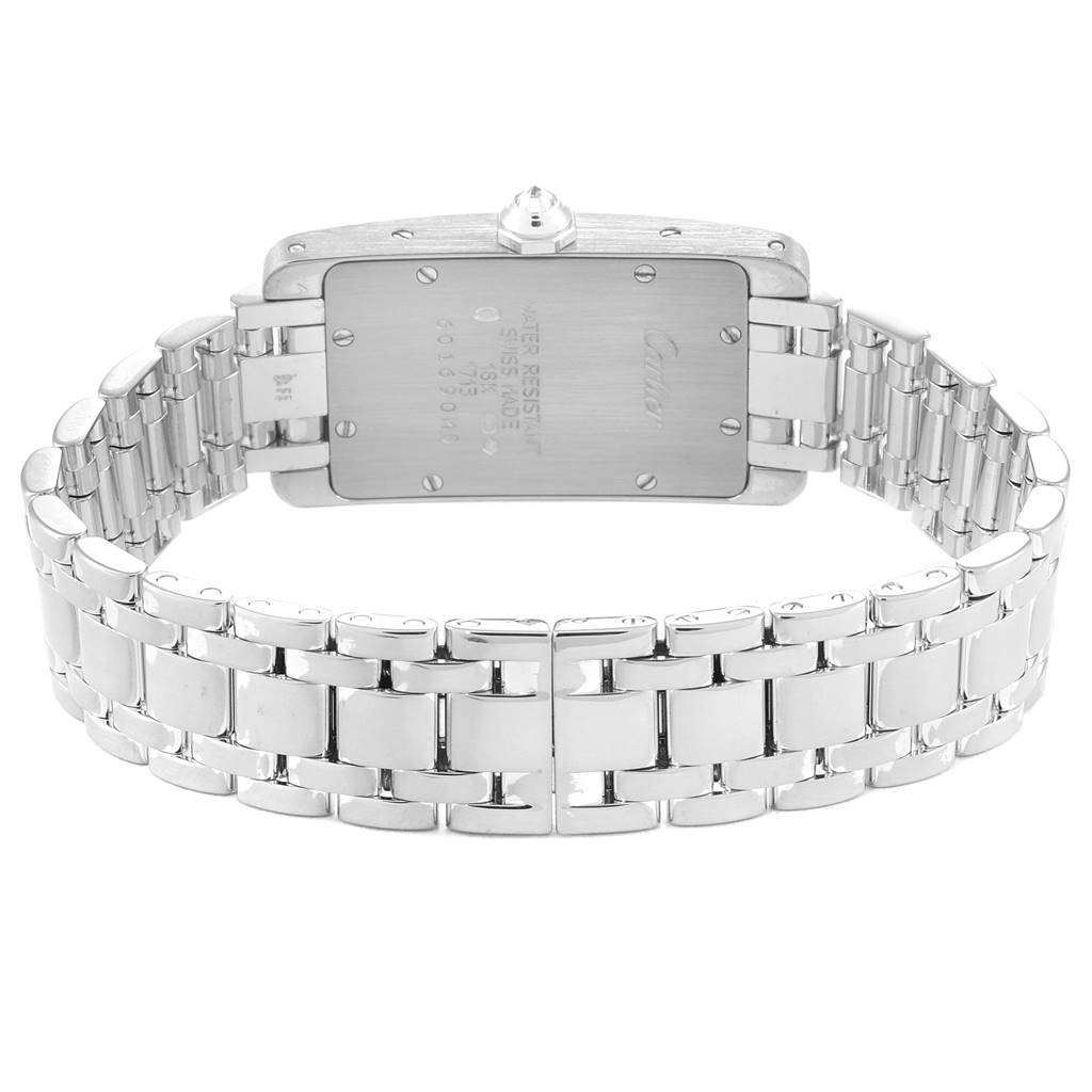This image shows the back side and metal bracelet of the Cartier Tank Americaine WB7018L1 Women
s White Gold Silver Dial WB7018L1 Women
s White Gold Silver Dial watch.