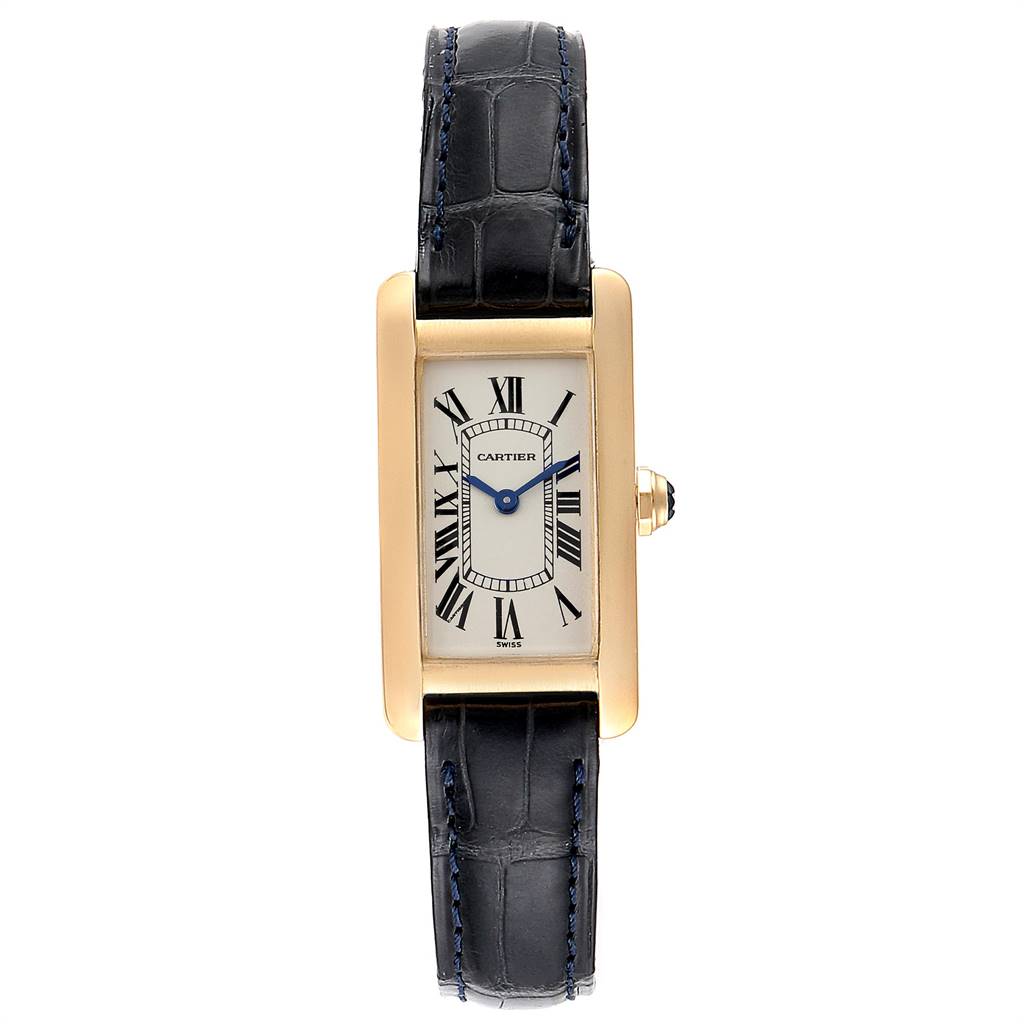The watch is shown from a top-down angle, displaying the face, strap, and crown of the Cartier Tank Americaine W2601556 Women's Yellow Gold Silver Dial W2601556 Women's Yellow Gold Silver Dial model.
