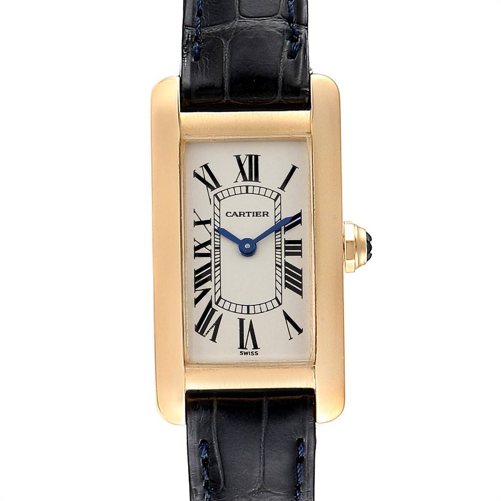 This image shows a frontal view of the Cartier Tank Americaine W2601556 Women's Yellow Gold Silver Dial W2601556 Women's Yellow Gold Silver Dial watch, featuring the dial, hands, case, and strap.