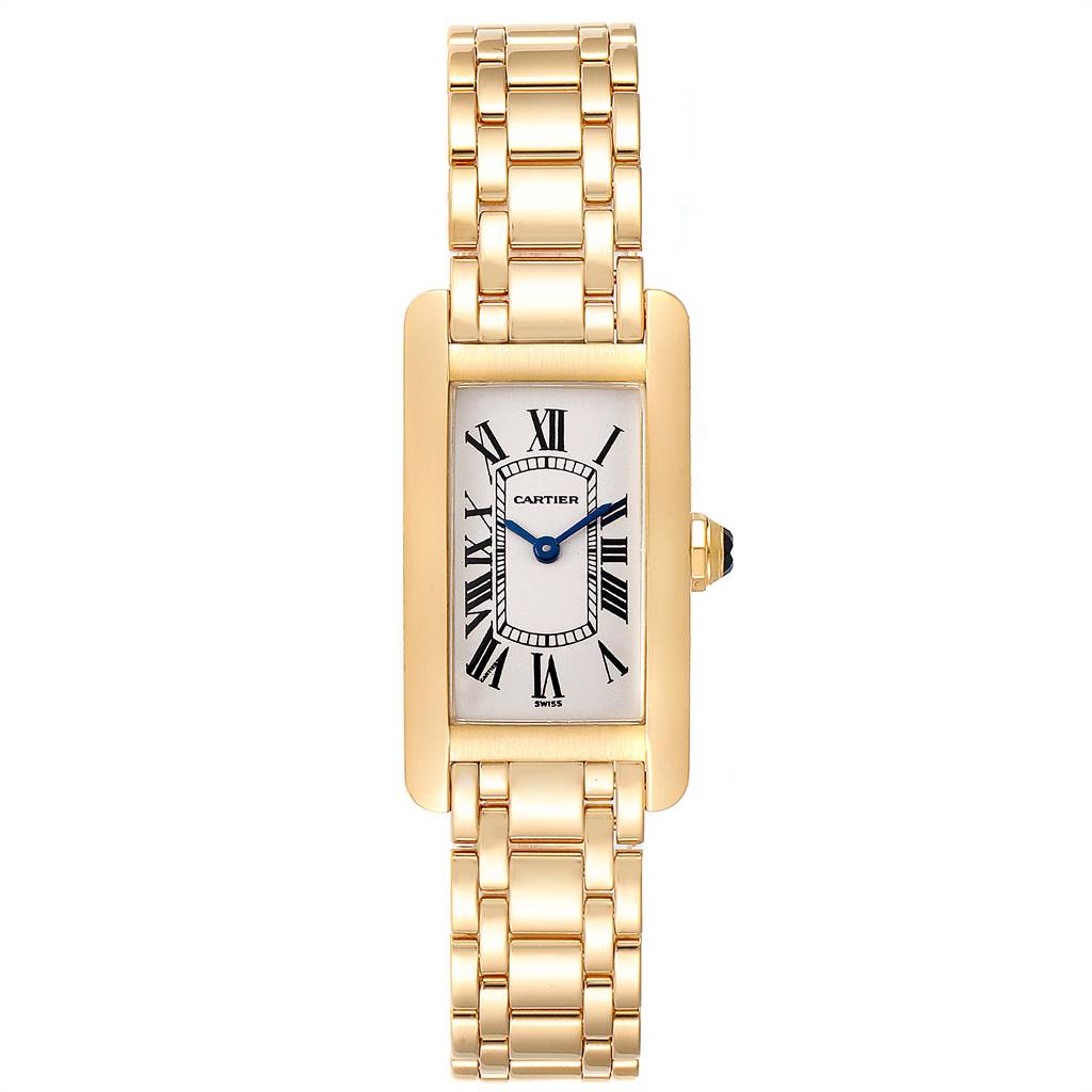 The image shows a full frontal view of the Tank Americaine model watch by Cartier, highlighting its rectangular face and gold bracelet.