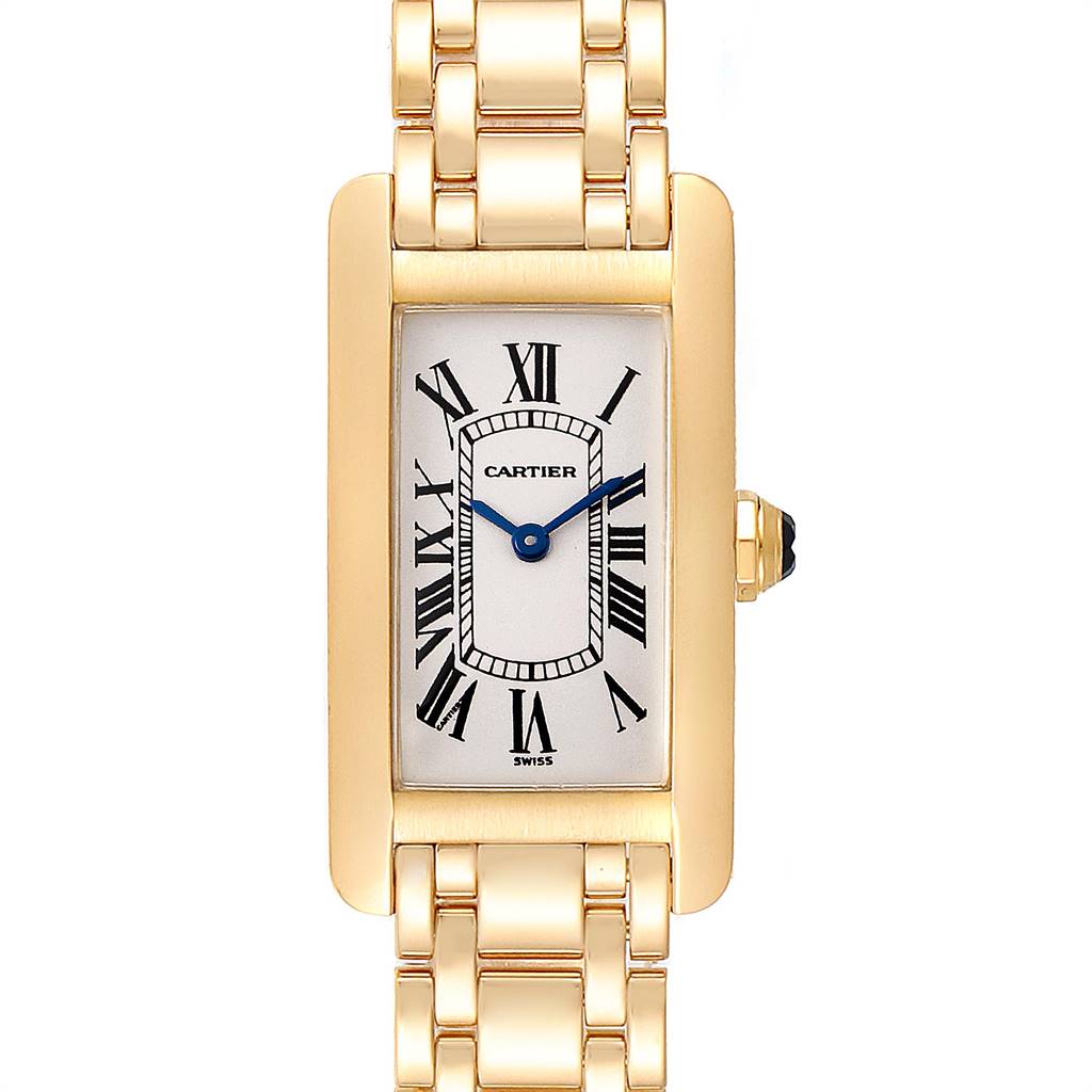 The image shows a frontal view of the Cartier Tank Americaine W26015K2 Women's Yellow Gold Silver Dial W26015K2 Women's Yellow Gold Silver Dial watch, highlighting its rectangular face and gold bracelet.