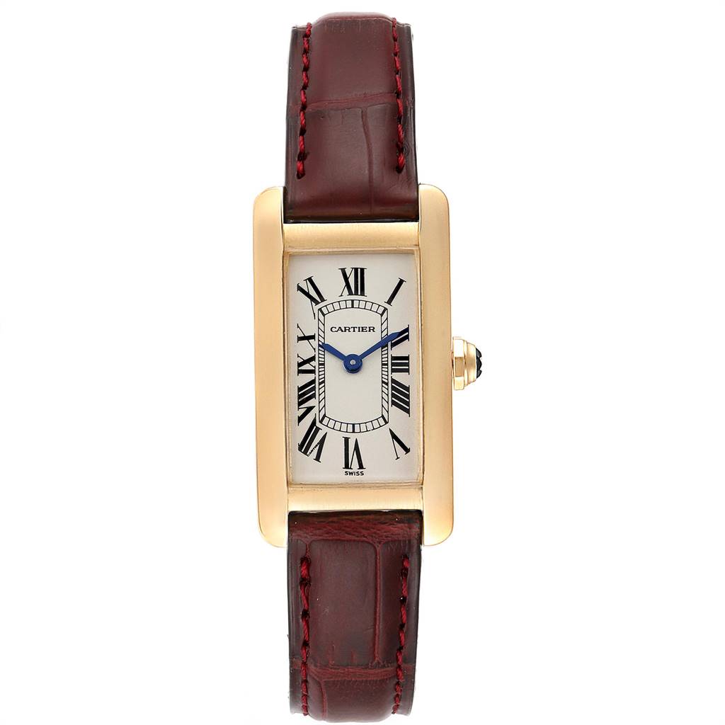 This image shows a Cartier Tank Americaine W2601556 Women's Yellow Gold Silver Dial W2601556 Women's Yellow Gold Silver Dial watch from a front angle, displaying its face, case, and strap.