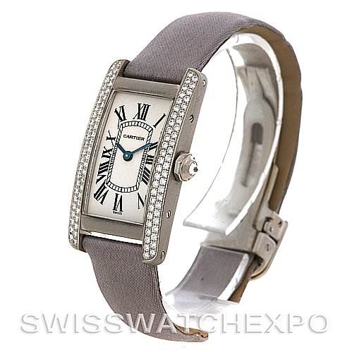 The image shows a Cartier Tank Americaine Women
s White Gold Silver Dial Women
s White Gold Silver Dial watch from a three-quarter angle, highlighting the dial, bezel, case, and strap.