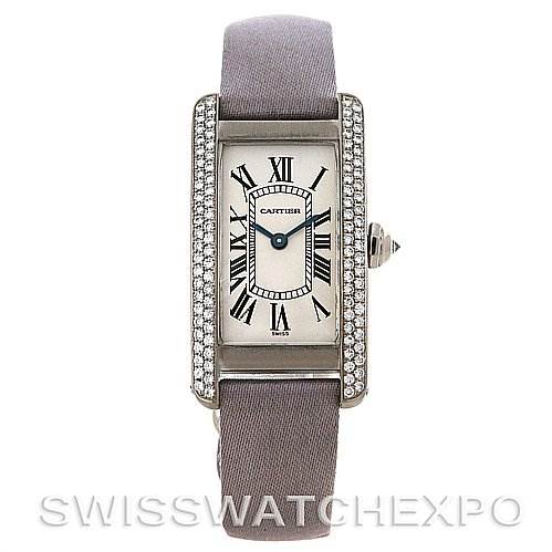 The image shows a front view of the Cartier Tank Americaine Women
s White Gold Silver Dial Women
s White Gold Silver Dial watch, highlighting its face, bezel, and strap.