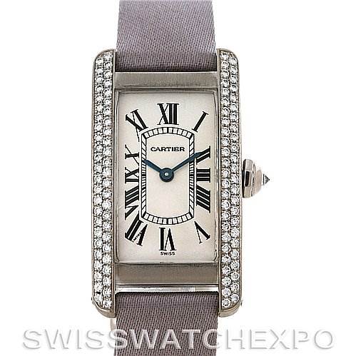 This image shows a front view of a Cartier Tank Americaine Women
s White Gold Silver Dial Women
s White Gold Silver Dial watch with a bejeweled bezel and a grey strap.