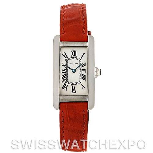This image shows a front view of the Cartier Tank Americaine W2601956 Women
s White Gold Silver Dial W2601956 Women
s White Gold Silver Dial watch with an orange leather strap and a silver rectangular case.