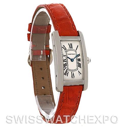 The image shows a Cartier Tank Americaine W2601956 Women
s White Gold Silver Dial W2601956 Women
s White Gold Silver Dial watch with a red leather band, viewed from the front at a slight angle.