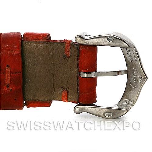 This image shows a close-up of the buckle and part of the strap of a Cartier Tank Américaine watch.