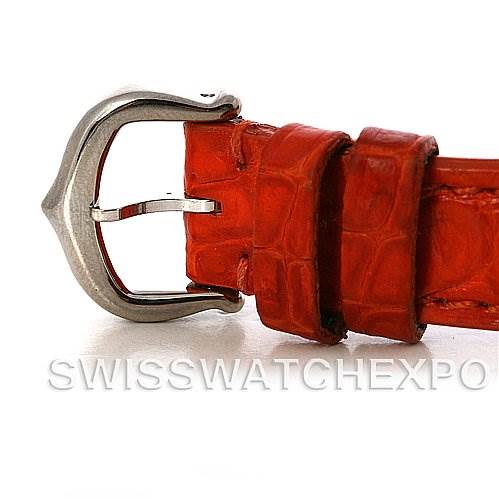 This image shows the buckle and strap of the Cartier Tank Americaine W2601956 Women
s White Gold Silver Dial W2601956 Women
s White Gold Silver Dial watch at a side angle.