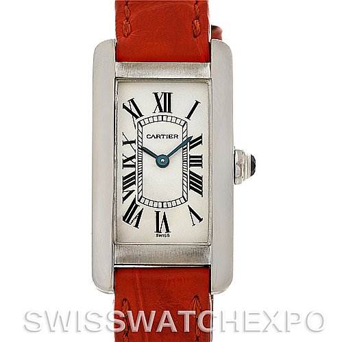 This image shows a front view of the Cartier Tank Americaine W2601956 Women
s White Gold Silver Dial W2601956 Women
s White Gold Silver Dial watch, highlighting its rectangular dial and orange leather strap.