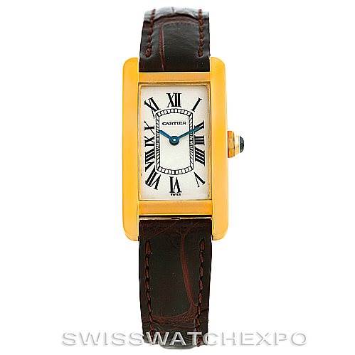 This image shows a front view of the Cartier Tank Américaine watch, featuring its rectangular face and leather strap.