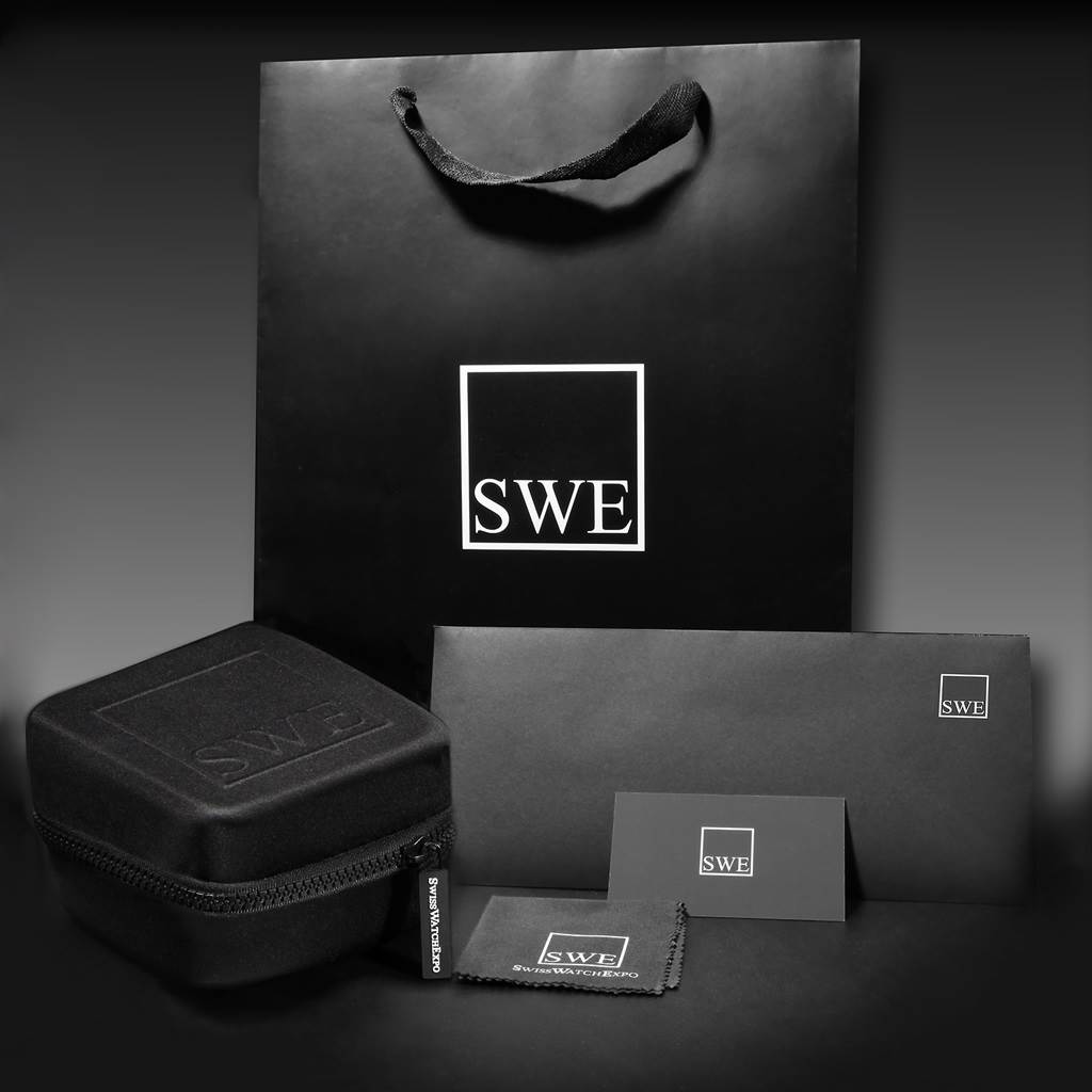 The image shows a black gift bag, zippered watch case, and various envelopes labeled "SWE" for the Cartier Tank Americaine W26019L1 Women's White Gold Silver Dial W26019L1 Women's White Gold Silver Dial watch.