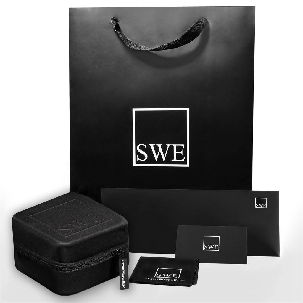 The image shows packaging accessories like a carry bag, zippered case, and cloth for the Tank Americaine model by Cartier.