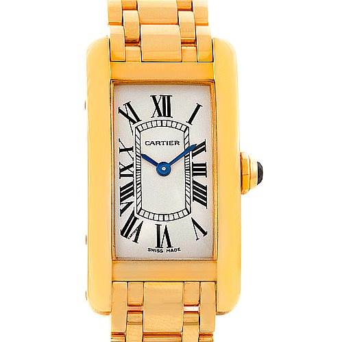 This image shows the front view of a Cartier Tank Americaine W26015K2 Women's Yellow Gold Silver Dial W26015K2 Women's Yellow Gold Silver Dial watch, focusing on the dial, case, and a portion of the bracelet.
