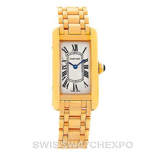 This image shows a Tank Américaine watch by Cartier from a front angle, displaying the face, hands, and bracelet clearly.