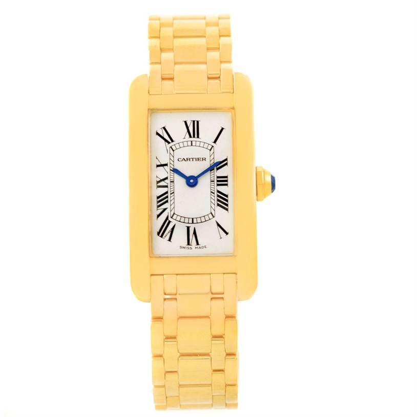 This image shows a front view of the Cartier Tank Americaine W26015K2 Women
s Yellow Gold Silver Dial W26015K2 Women
s Yellow Gold Silver Dial watch, highlighting the rectangular face, bracelet, and Roman numerals.